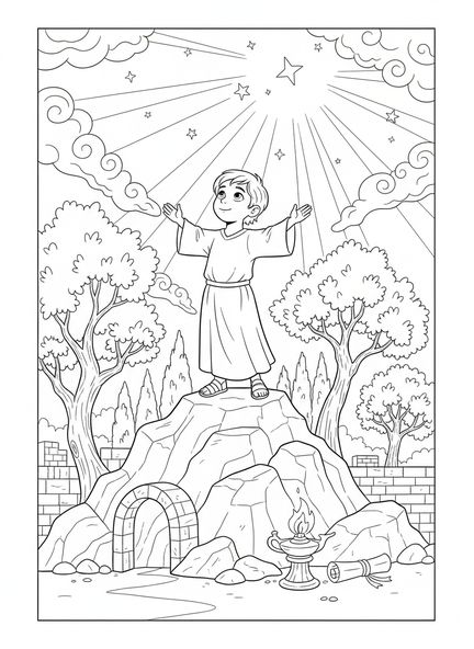 Niño mirando al cielo, página para colorear Salmo 121 Levanta los Ojos para niños de Escuela Dominical de 5 a 12 años.