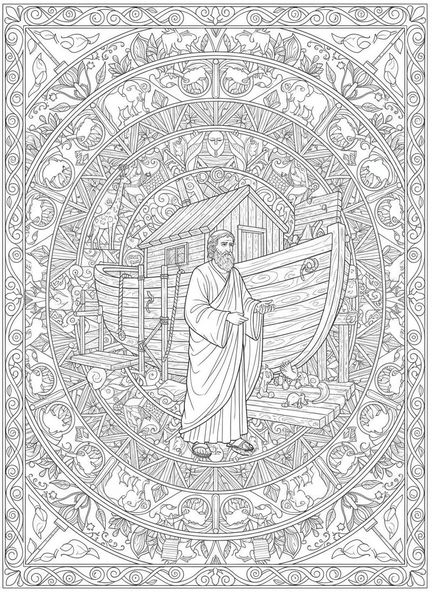 Noé construyendo el arca, Salmo 139:13 página para colorear estilo journaling bíblico para adultos.