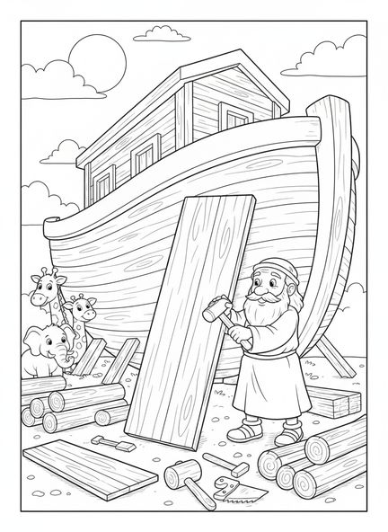 Noé construyendo el arca, Salmo 139:13 página para colorear para niños de 5 a 10 años.