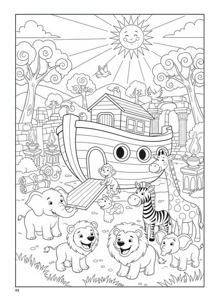 Pares de animales acercándose al arca, Salmo 139:13 página para colorear para niños de Escuela Dominical de 5 a 12 años