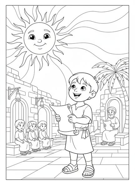 Enfant tenant un rouleau, page à colorier Psaume 139 Merveilleusement et avec crainte pour les enfants de l'École du dimanche âgés de 5 à 12 ans.