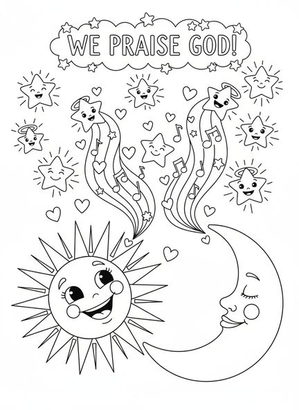 Sol y luna brillantes, página para colorear Salmo 19:1 para niños de 5 a 10 años