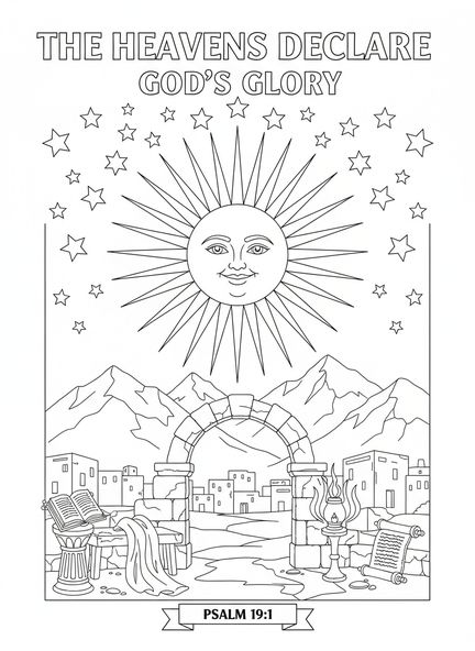 Sol radiante e estrelas brilhantes, página de colorir Salmo 19:1 para crianças da Escola Dominical de 5 a 12 anos.