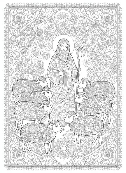 Pastor con ovejas, Salmo 23 1 Pastor Quiero página para colorear para adultos estilo de journaling bíblico