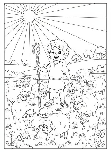 Berger joyeux, Psaume 23 1 Berger Veut page à colorier pour enfants de 5 à 10 ans.