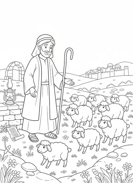 Berger avec un troupeau de moutons, Psaume 23:1 page à colorier pour les enfants de l'École du dimanche âgés de 5 à 12 ans.