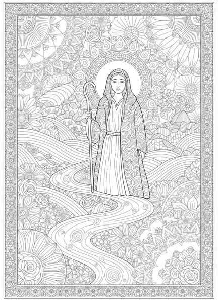 Pastor junto a arroyos, Salmo 23:2 Página para colorear de Pastos Verdes estilo de journaling bíblico para adultos.