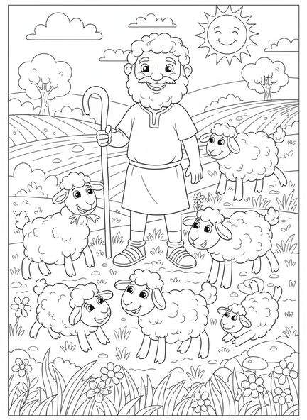 Berger amical avec des moutons, page à colorier Psaume 23:2 Pâturages verts pour enfants de 5 à 10 ans.