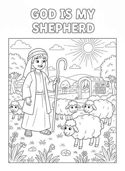 Berger joyeux, Psaume 23:2 Page à colorier des prés verts pour les enfants de l'École du dimanche âgés de 5 à 12 ans.