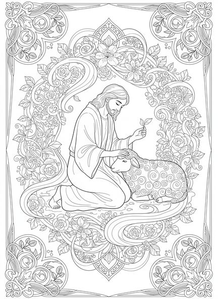 Pastor y oveja, Salmo 23:3 Restaurando el Alma página para colorear estilo journaling bíblico para adultos.