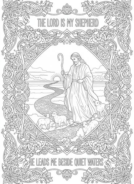 Pastor con báculo, Salmo 23:4 página para colorear estilo journaling bíblico para adultos