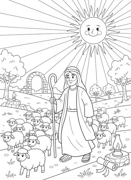 Hirte führt Schafe, Psalm 23,4 Malvorlage für Sonntagsschulkinder im Alter von 5-12 Jahren.