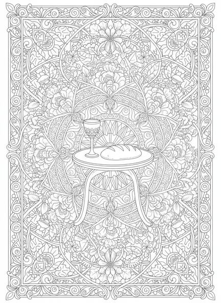 Mesa del pastor con cáliz y pan, Salmo 23:5 página para colorear estilo journaling bíblico para adultos