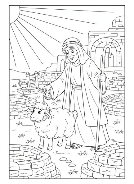 Pastor ungiendo ovejas, página para colorear Salmo 23:5 para niños de Escuela Dominical de 5 a 12 años.