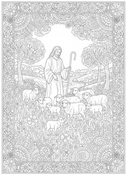 Pasteur s'occupant des moutons, page à colorier Psaume 23 pour adultes dans un style de journal biblique.