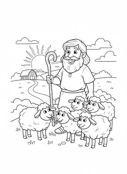 Freundlicher Hirte mit Schafen, Psalm 23 Hirte Ausmalbild für Kinder im Alter von 5-10 Jahren