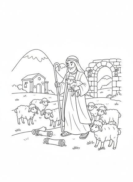 Hirte mit Schafherde, Psalm 23 Hirte Malvorlage für Sonntagsschulkinder im Alter von 5-12 Jahren.