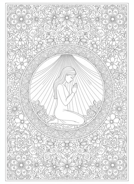 Lumière radieuse au-dessus d'une figure en prière, page à colorier Psaume 27 Lumière du Salut pour le style de journal biblique pour adultes.