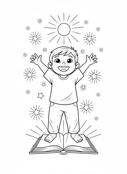 Enfant tendant la main vers la lumière, page à colorier Psaume 27 Lumière du Salut pour les enfants de 5 à 10 ans