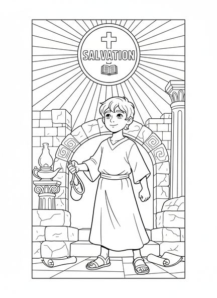 David mit Schleuder, Psalm 27 Licht Heilung Malvorlage für Sonntagsschulkinder im Alter von 5-12 Jahren.