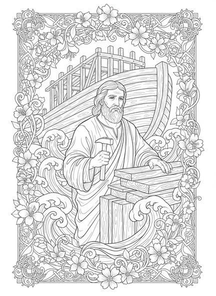 Noé avec un marteau, page à colorier Psaume 34:8 pour adultes dans un style de journal biblique
