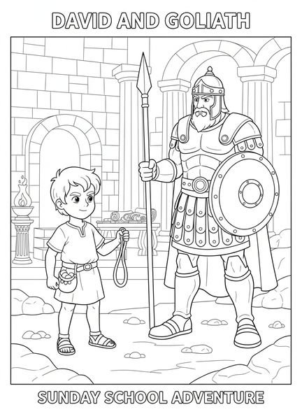 Jeune David avec une fronde, page à colorier Psaume 34:8 pour les enfants de l'École du dimanche âgés de 5 à 12 ans.