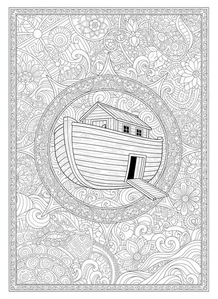 Noé construisant l'arche, page à colorier Psaume 37:4 pour adultes dans un style de journal biblique