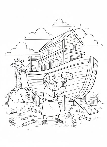 Noah arbeitet an der Arche, Ausmalbild Psalm 37,4 für Kinder im Alter von 5-10 Jahren