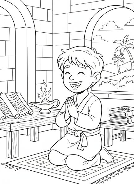 Junger Junge betet, Psalm 37,4 Malvorlage für Sonntagsschulkinder im Alter von 5-12 Jahren