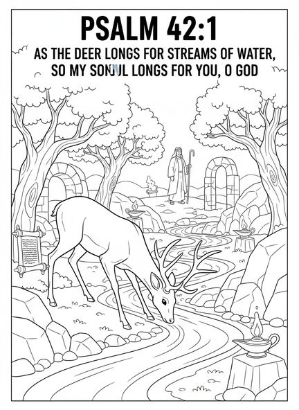 Cervo ao lado de um riacho, Salmo 42 'Como o Cervo anseia' página para colorir para crianças da Escola Dominical de 5 a 12 anos.