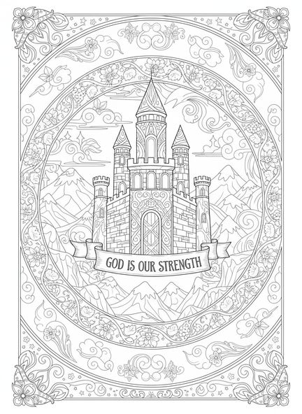 Forteresse majestueuse, page à colorier Psaume 46:1 pour adultes dans un style de journal biblique.