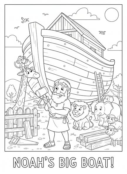 Noé trabajando en el arca, página para colorear Salmo 46:1 para niños de 5 a 10 años.