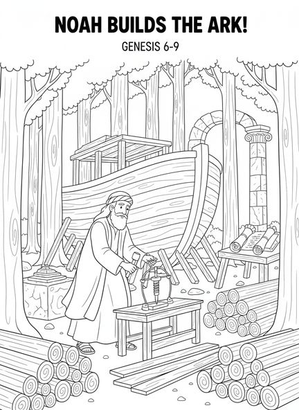 Noé construisant l'arche, Psaume 46:1 page à colorier pour les enfants de l'École du dimanche âgés de 5 à 12 ans