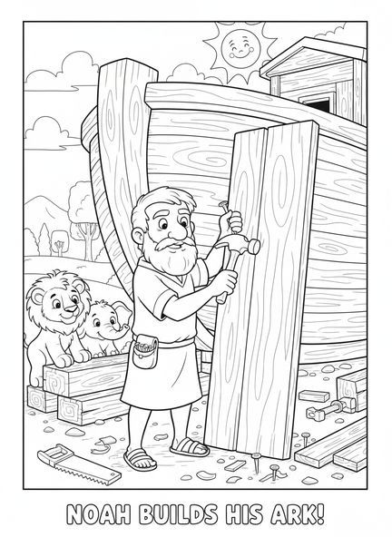 Noah baut die Arche, Psalm 46,10 Ausmalbild für Kinder im Alter von 5-10 Jahren