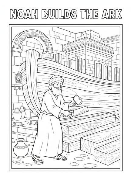 Noah mit Holzplanken, Psalm 46,10 Ausmalbild für Sonntagsschulkinder im Alter von 5-12 Jahren.