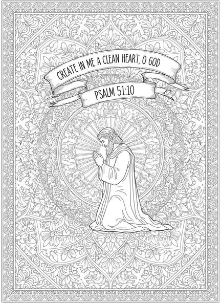Dawid na modlitwie, kolorowanka Psalm 51:10 dla dorosłych w stylu dziennika biblijnego