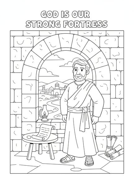 Hombre en la fortaleza, Salmo 91:2 Página para colorear Refugio Fortaleza para niños de Escuela Dominical de 5 a 12 años.