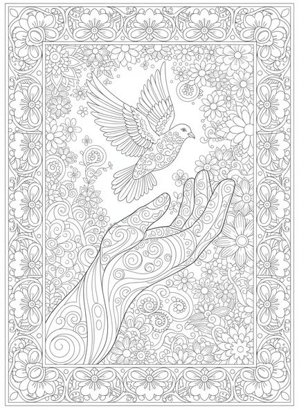 Colombe s'élevant au-dessus d'une main, Psaume 91:4 Page à colorier pour adultes dans le style du journal biblique
