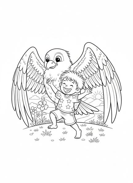 Enfant jouant sous les ailes d'un oiseau, Psaume 91:4 Page à colorier Sous les ailes pour les enfants de 5 à 10 ans