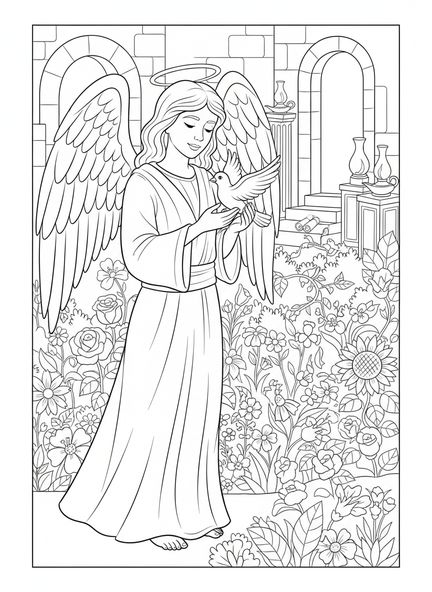 Taube, die unter den Flügeln eines Engels ruht, Psalm 91,4 Ausmalbild für die Sonntagsschule für Kinder im Alter von 5-12 Jahren