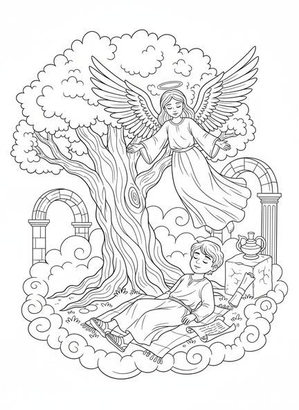 Enfant reposant sous un arbre, page à colorier du Psaume 91 pour les enfants de l'École du dimanche âgés de 5 à 12 ans.