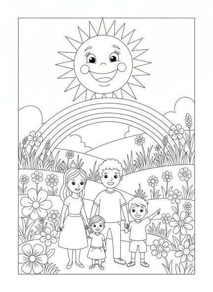 Sol sorridente e arco-íris, página para colorir de Apocalipse 21:4 para crianças de 5 a 10 anos