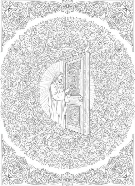 Jesús llamando a la puerta, Apocalipsis 3:20 Página para colorear de adultos estilo journaling bíblico