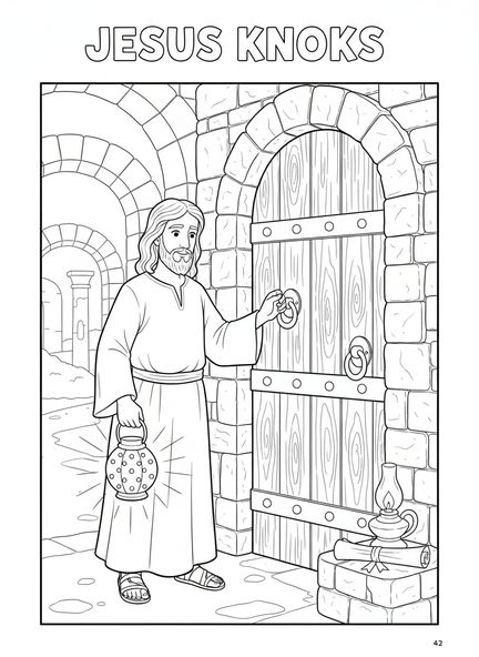 Jesús llamando a una puerta, Apocalipsis 3:20 Página para colorear de Jesús a la puerta para niños de Escuela Dominical de 5 a 12 años.