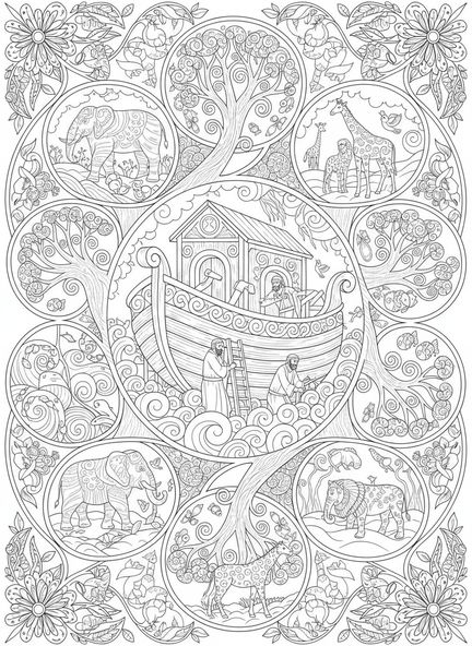 Noé construindo a arca, Romanos 15:13 página para colorir estilo journaling bíblico para adultos