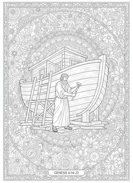 Noé construisant l'arche, Romains 5:8 Pendant que les pécheurs colorient une page pour adultes dans un style de journal biblique.