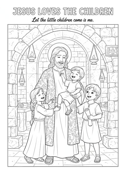 Jesus umarmt Kinder, Römer 5,8 Während Sünder Ausmalbild für Sonntagsschule Kinder im Alter von 5-12 Jahren.
