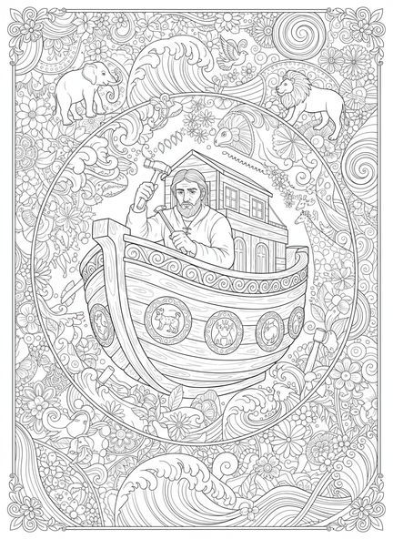 Noé construindo a arca, Romanos 8:28 página para colorir no estilo de journaling bíblico para adultos.