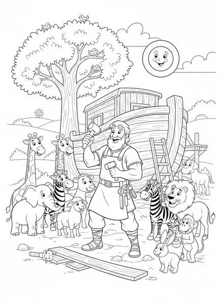 Noé construindo a arca, Romanos 8:28 página para colorir para crianças de 5 a 10 anos