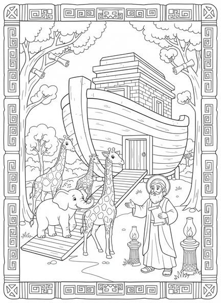 Éléphants et girafes entrant dans l'arche, page à colorier Romains 8:28 pour les enfants de l'École du dimanche âgés de 5 à 12 ans.